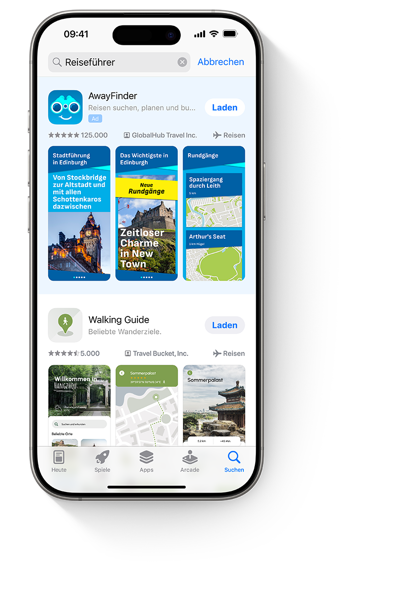Vier iPhone Geräte mit jeweils einer anderen Anzeige für die Beispiel-App „AwayFinder“. Das erste iPhone zeigt eine Anzeige auf dem Tab „Heute“, das zweite zeigt eine Anzeige auf dem Tab „Suche“, das dritte zeigt eine Anzeige oben in den Suchergebnissen und das vierte zeigt eine Anzeige am unteren Rand einer Produktseite.