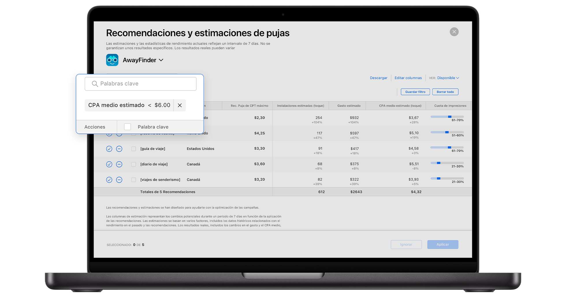 La página Recomendaciones de pujas en Apple Ads con filtros configurados para mostrar solo las recomendaciones que podrían generar un CPA promedio estimado inferior a 6,00 USD.