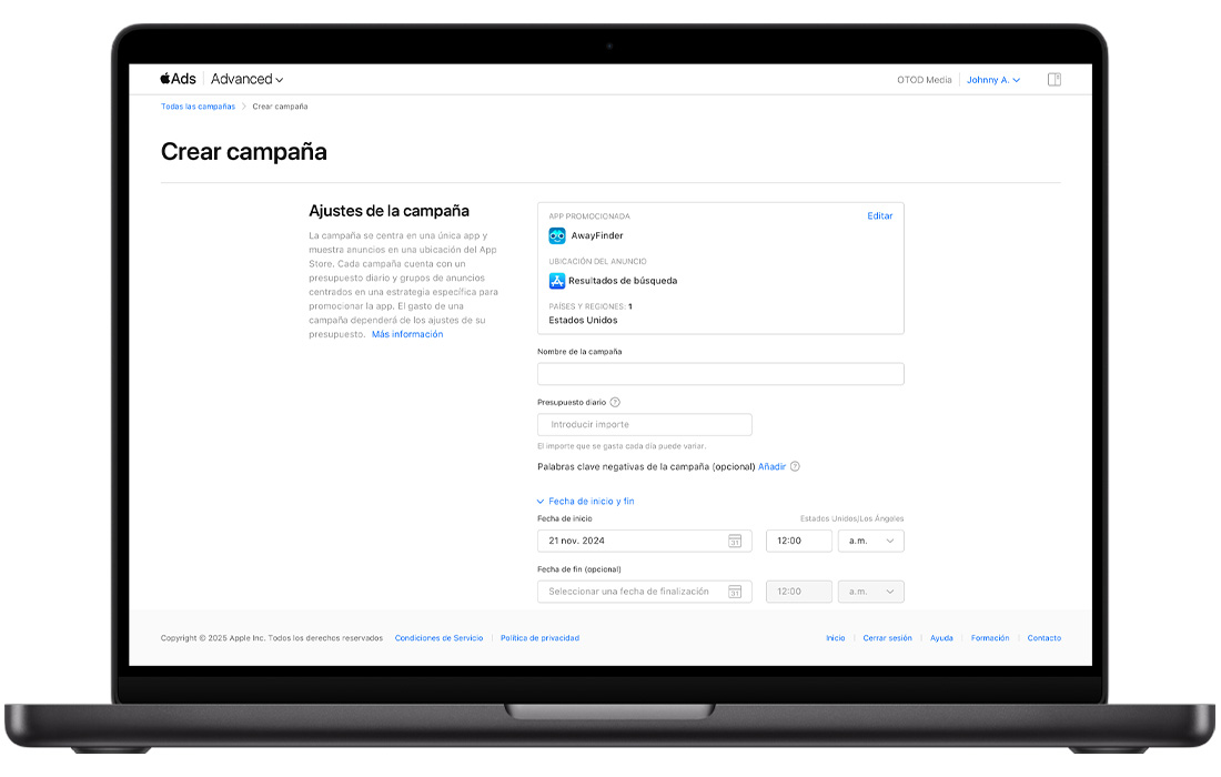 La página Crear campaña en Apple Ads, que muestra los ajustes de la campaña. Hacia la parte inferior de la pantalla, debajo de los campos vacíos del nombre de la campaña y el presupuesto diario, se ha abierto un enlace azul con la etiqueta Fecha de inicio y Fecha de finalización para mostrar los campos Fecha y hora de inicio y los campos de Fecha y hora de finalización opcionales.