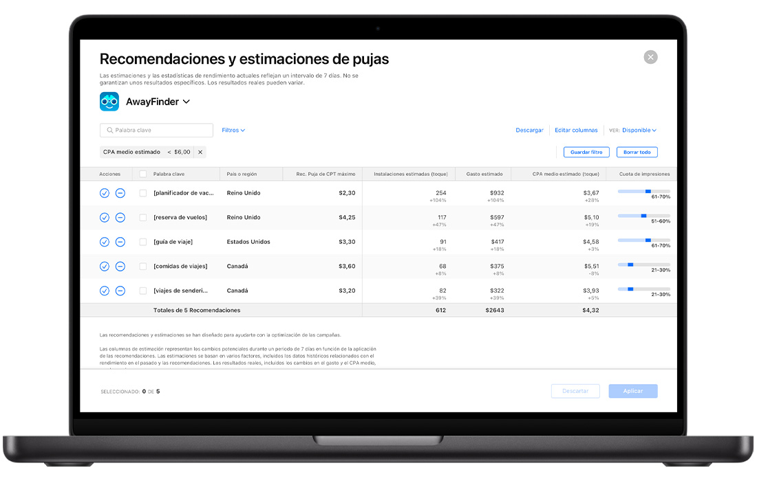 La página Recomendaciones y estimaciones de pujas de Apple Ads muestra la tabla de recomendaciones organizada por palabra clave, puja de CPT máximo recomendada, instalaciones estimadas (toque), gasto estimado, CPA medio estimado (toque), etc.