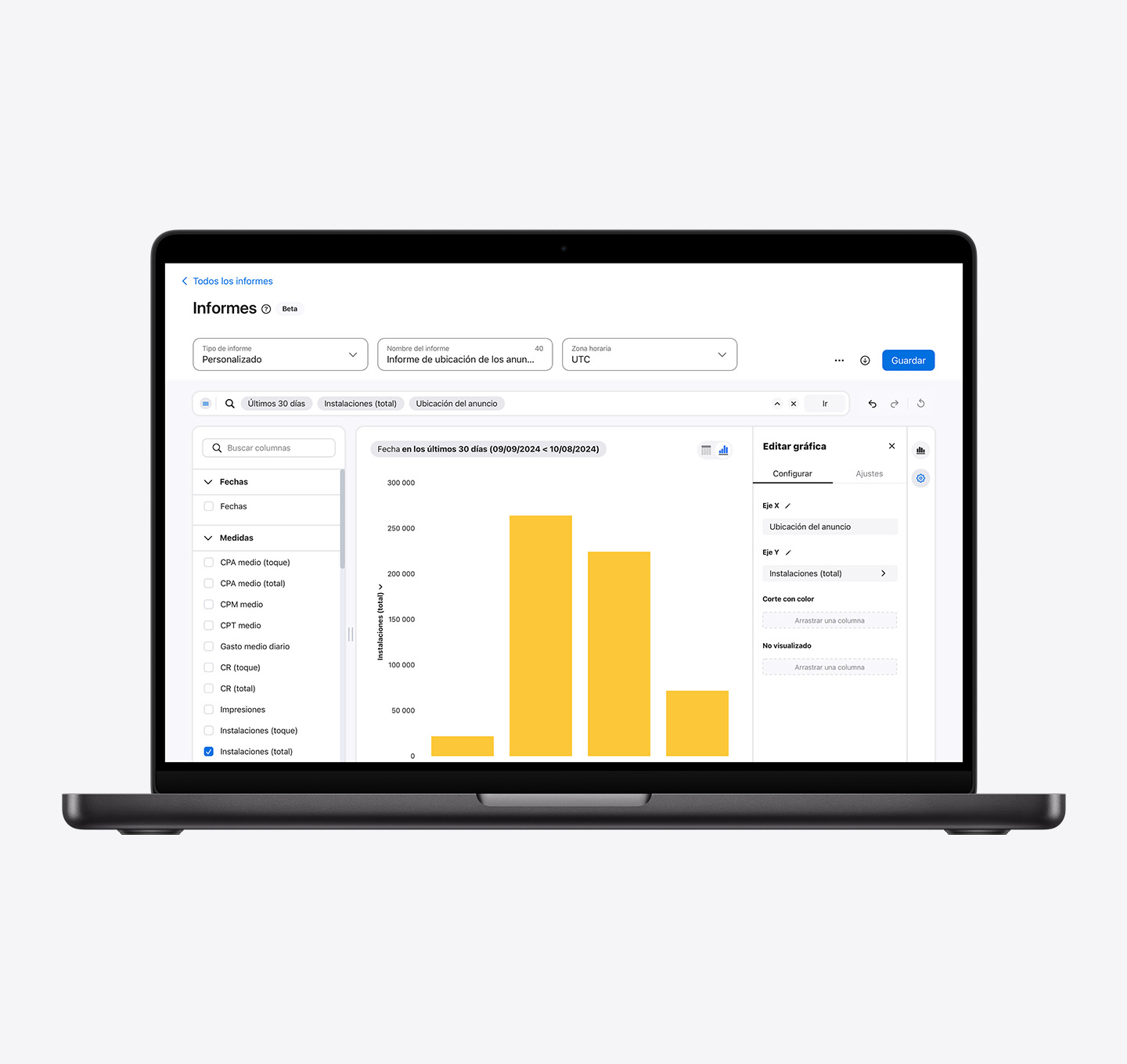 Un informe de gráfico de barras creado con Insights en Apple Ads. El gráfico mide las instalaciones en la páginas de producto, los resultados de búsqueda, la pestaña Buscar y las ubicaciones de anuncios de la pestaña Hoy.