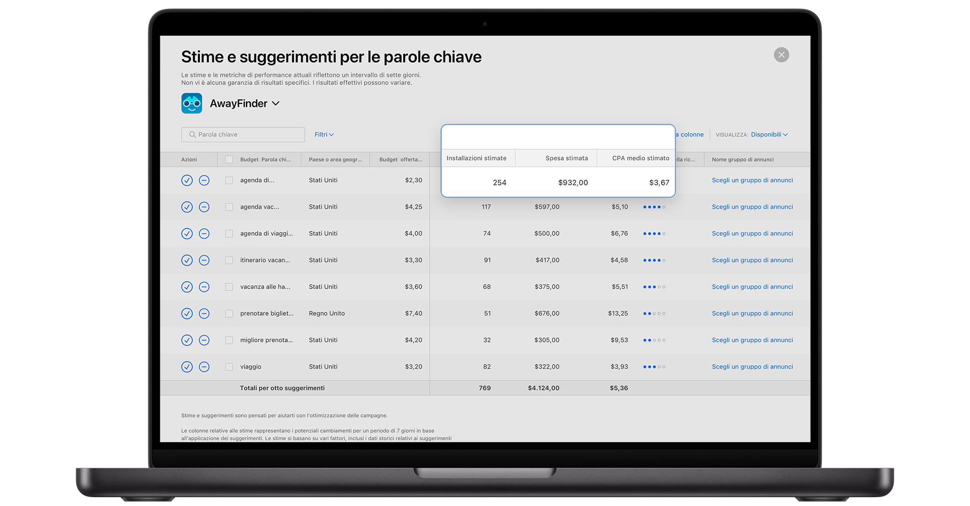 La pagina dei suggerimenti per le parole chiave in Apple Ads mostra la tabella dei suggerimenti organizzata per parola chiave, offerta CPT massima consigliata, installazioni stimate, spesa stimata, CPA medio stimato e simili.
