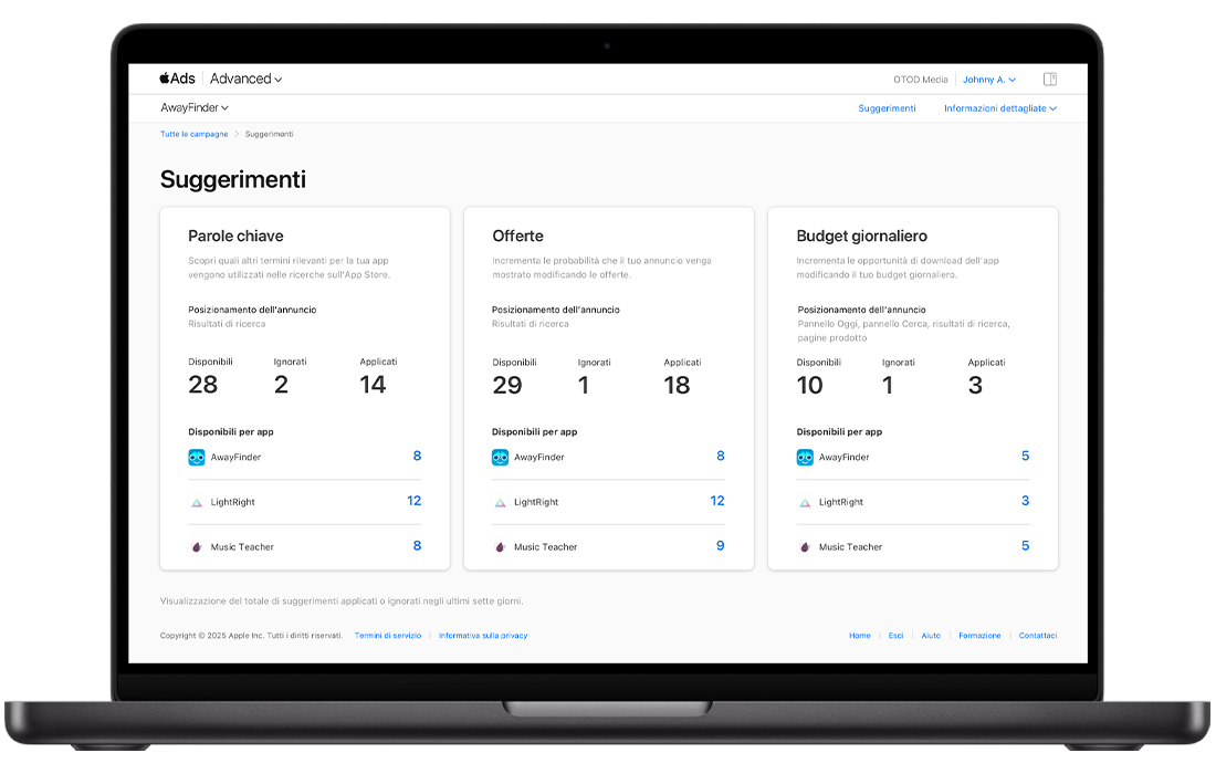 Pagina Suggerimenti in Apple Ads, che mostra i suggerimenti organizzati per parole chiave, offerte e budget giornaliero. Ogni sezione mostra quanti suggerimenti sono disponibili, ignorati e applicati, nonché quanti suggerimenti sono disponibili per ogni app.