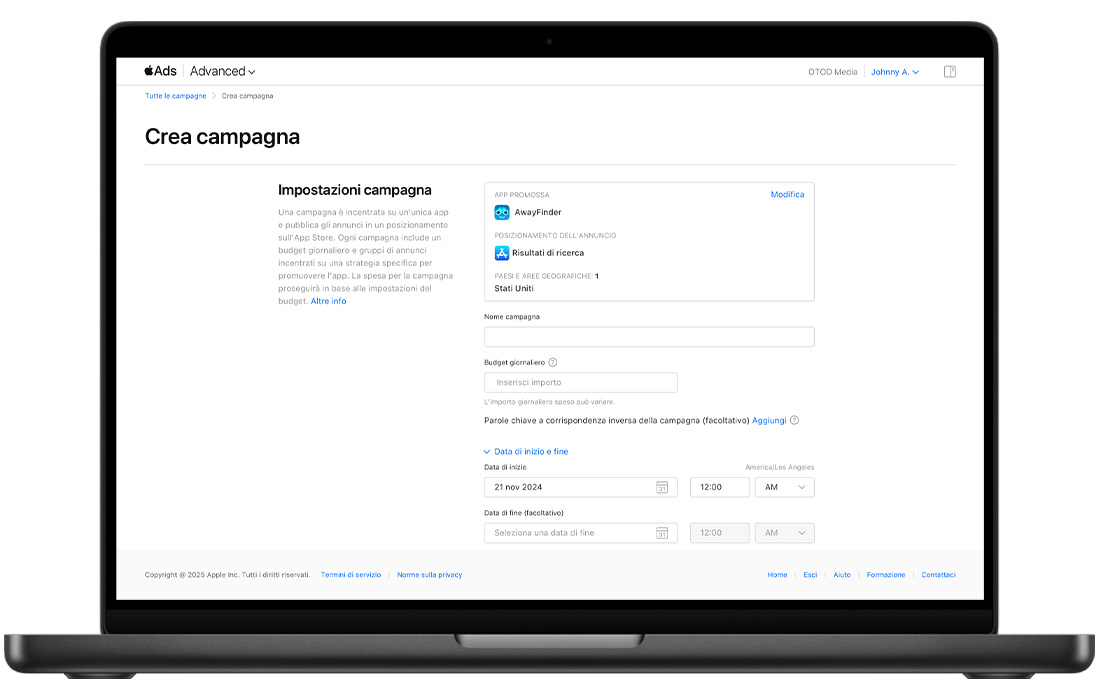 Pagina Crea campagna in Apple Ads, che mostra le impostazioni della campagna. Verso la parte inferiore dello schermo, sotto i campi vuoti per Nome campagna e Budget giornaliero, un link di colore blu denominato “Date di inizio e di fine della campagna” è stato aperto per mostrare i campi della data e dell’ora di inizio e i campi della data e dell’ora di fine (facoltative).