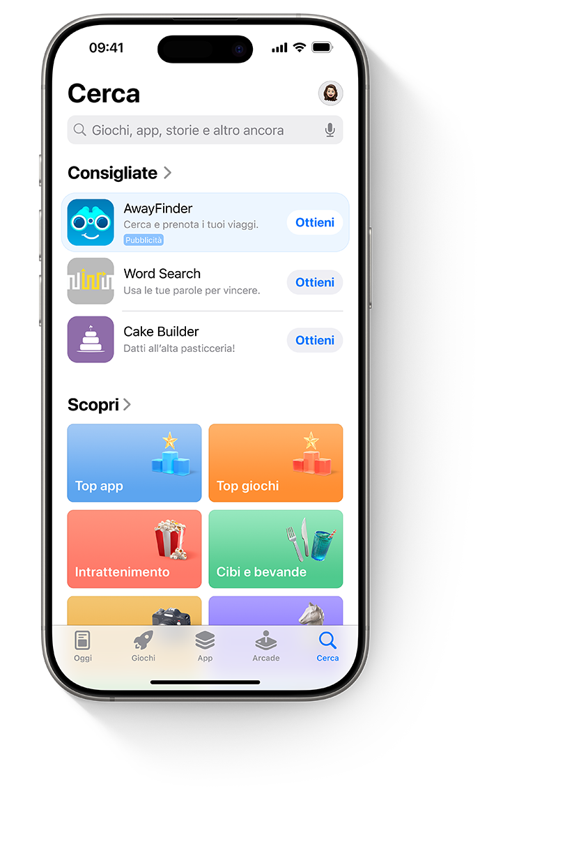 Quattro iPhone, ciascuno con un annuncio diverso per l’app di esempio, AwayFinder. Il primo iPhone mostra un annuncio nel pannello Oggi, il secondo mostra un annuncio nel pannello Cerca, il terzo mostra un annuncio in cima ai risultati di ricerca e il quarto mostra un annuncio in fondo alla pagina prodotto.