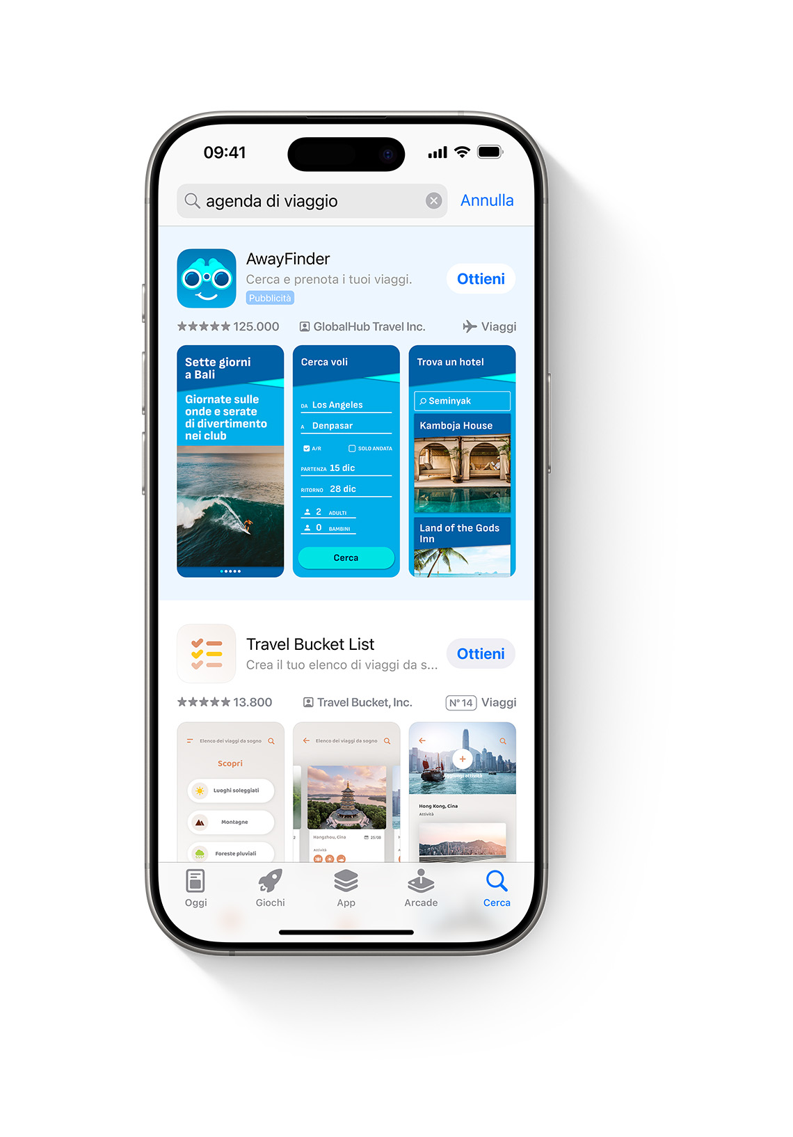 Un iPhone con l’App Store aperto. Il termine di ricerca “agenda di viaggio” è inserito nella casella di ricerca e in cima ai risultati di ricerca è visualizzato un annuncio per l’app di esempio, AwayFinder.