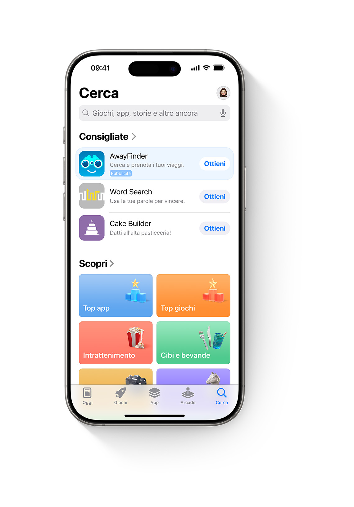Un iPhone con l’App Store aperto e un annuncio per l’app di esempio, AwayFinder, visualizzato nel pannello Cerca in cima all’elenco delle app consigliate.