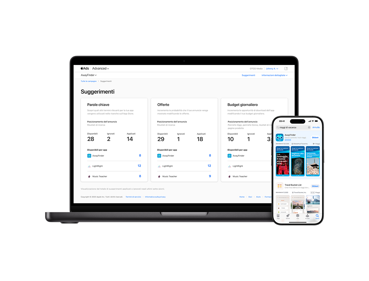 Un MacBook che mostra la pagina Suggerimenti da un account Apple Ads. Accanto è presente un iPhone che mostra un annuncio dell’app di esempio per i viaggi, AwayFinder, in cima ai risultati di ricerca dell’App Store.