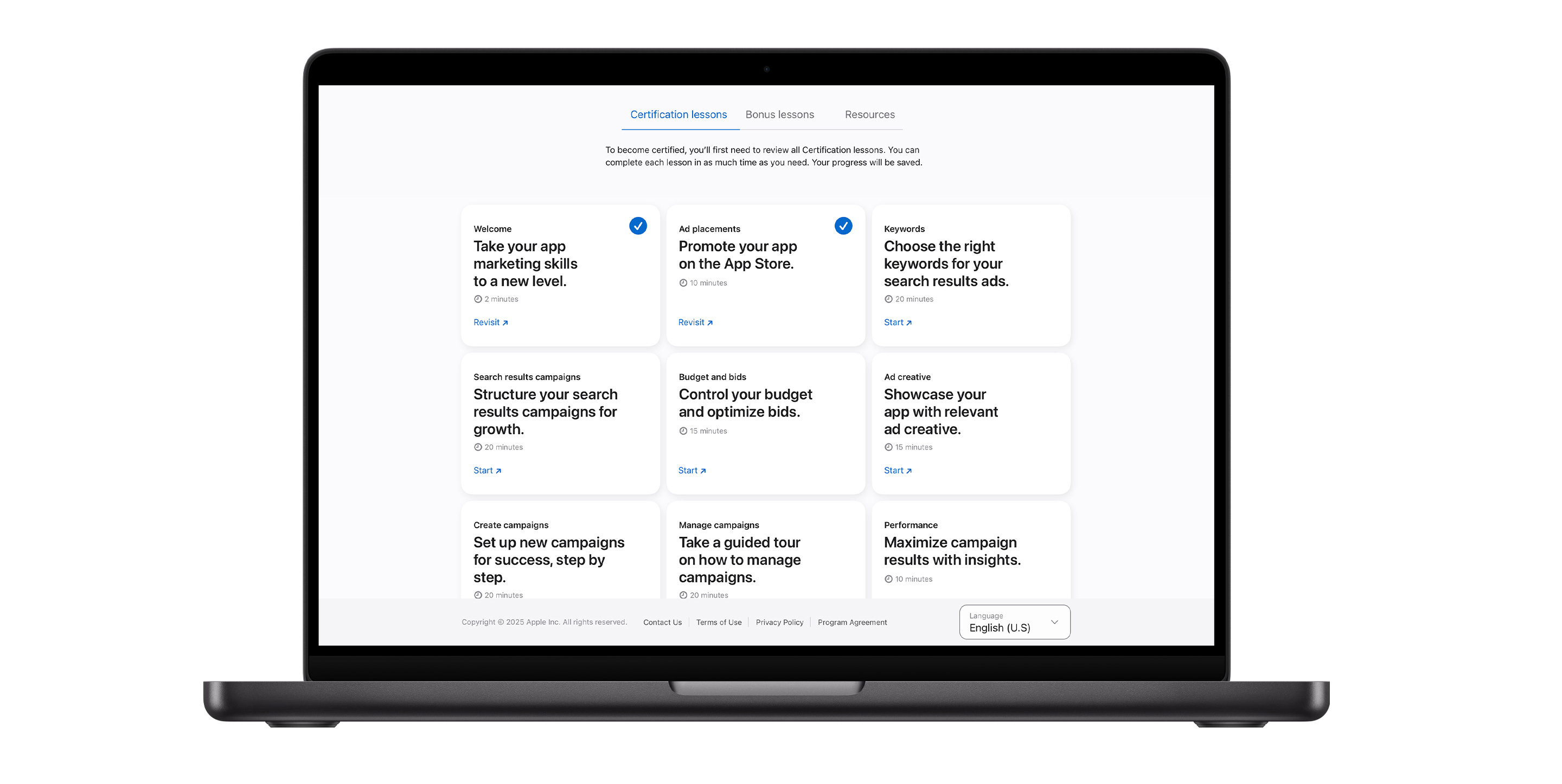 Apple Ads Certification lessons page showing nine lesson modules. The first two lessons have blue checkmarks on them, indicating that they are completed.