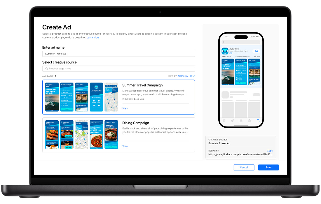 A MacBook is open to the Create Ad page for a search results ad variation in Apple Ads. It shows two available custom product pages. The title of the ad variation that's being created is Summer Travel Ad and a Summer Travel Campaign custom product page is selected. To the right, an iPhone displays a preview of the ad.