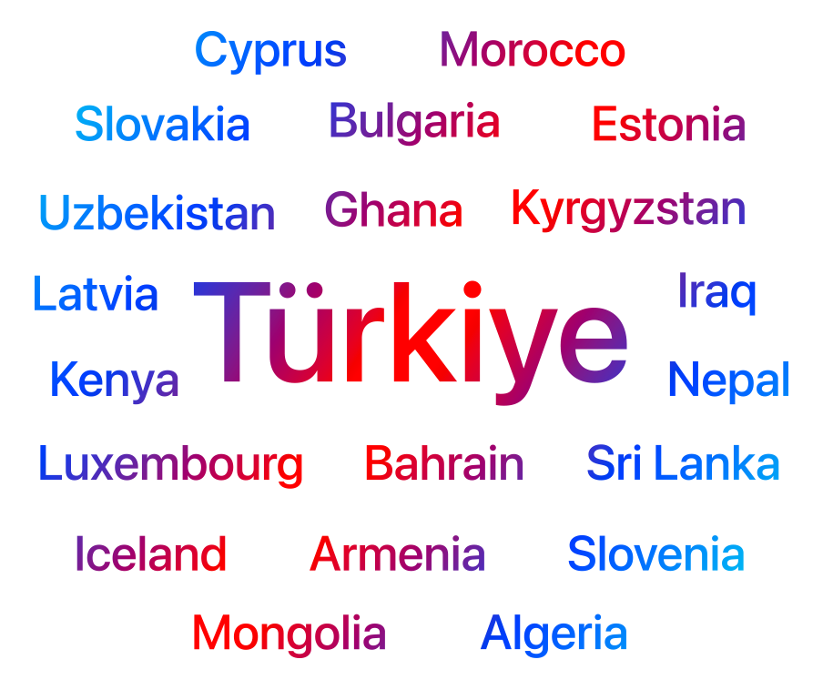 Liste des pays et régions dans lesquels Apple Search Ads est désormais disponible. Ces marchés sont les suivants : Algérie, Arménie, Bahreïn, Bulgarie, Chypre, Estonie, Ghana, Irak, Islande, Kenya, Kirghizstan, Lettonie, Luxembourg, Maroc, Mongolie, Népal, Ouzbékistan, Slovaquie, Slovénie, Sri Lanka et Turquie.