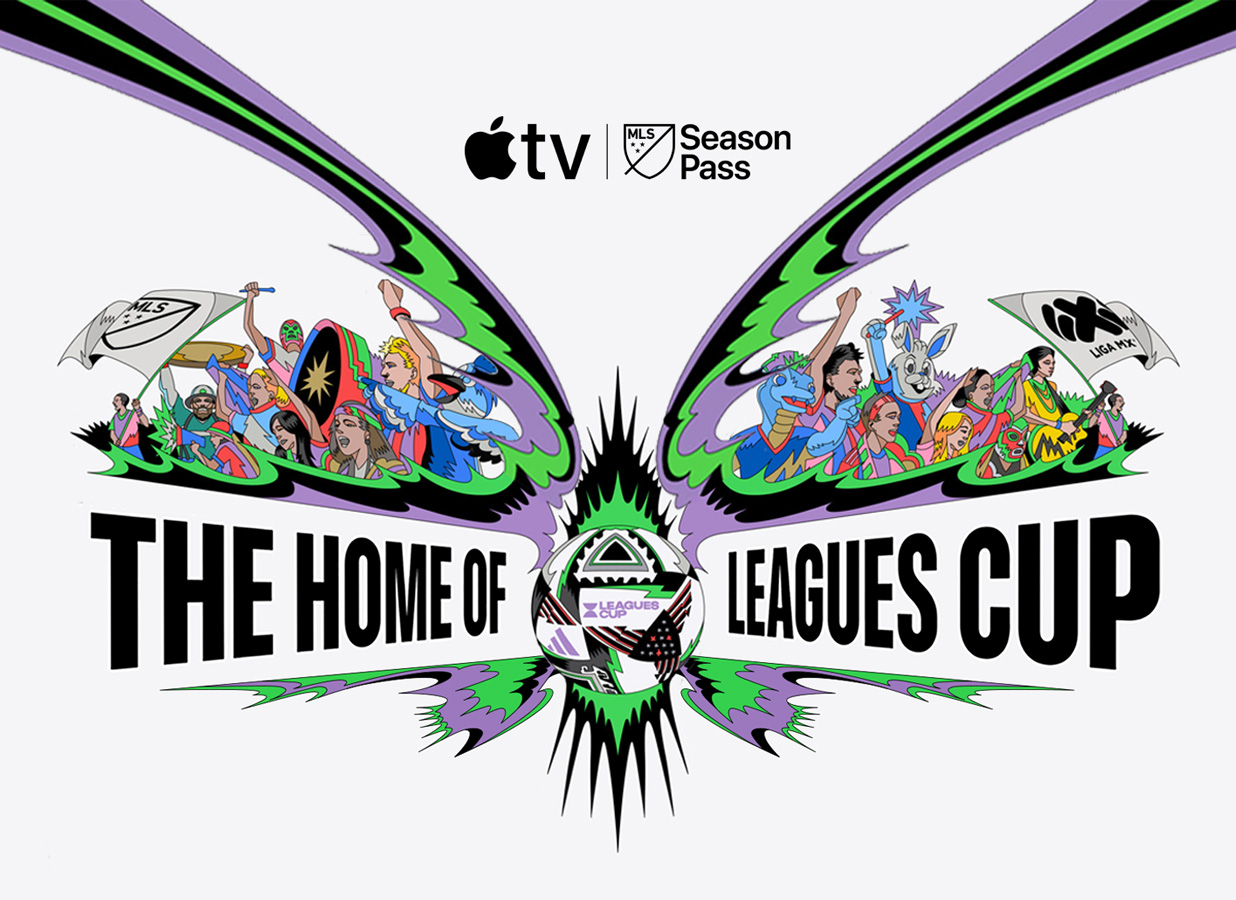 Illustration originale du MLS Season Pass sur l’Apple TV qui indique : « The Home of Leagues Cup ».